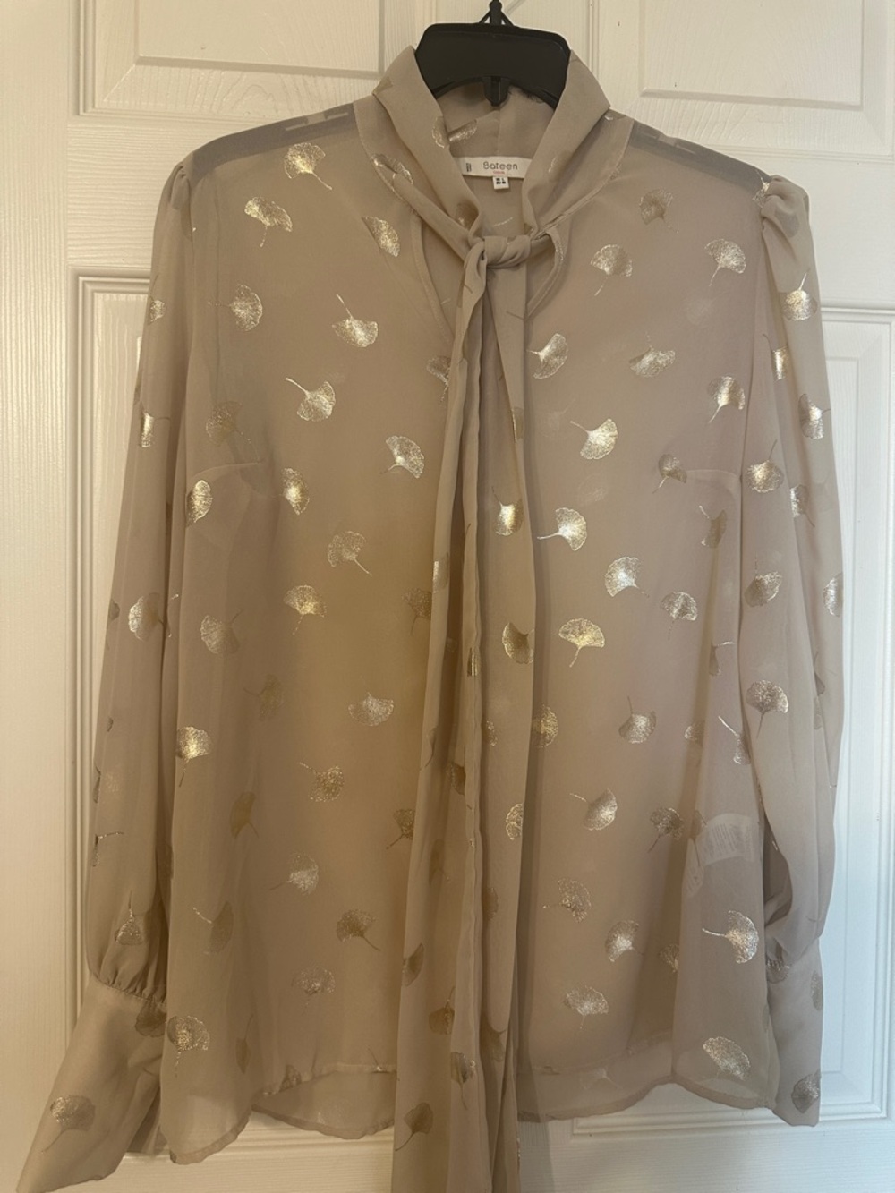 Amazing Sheer Taupe Tie-Neck Blouse with Metallic Leaf Print